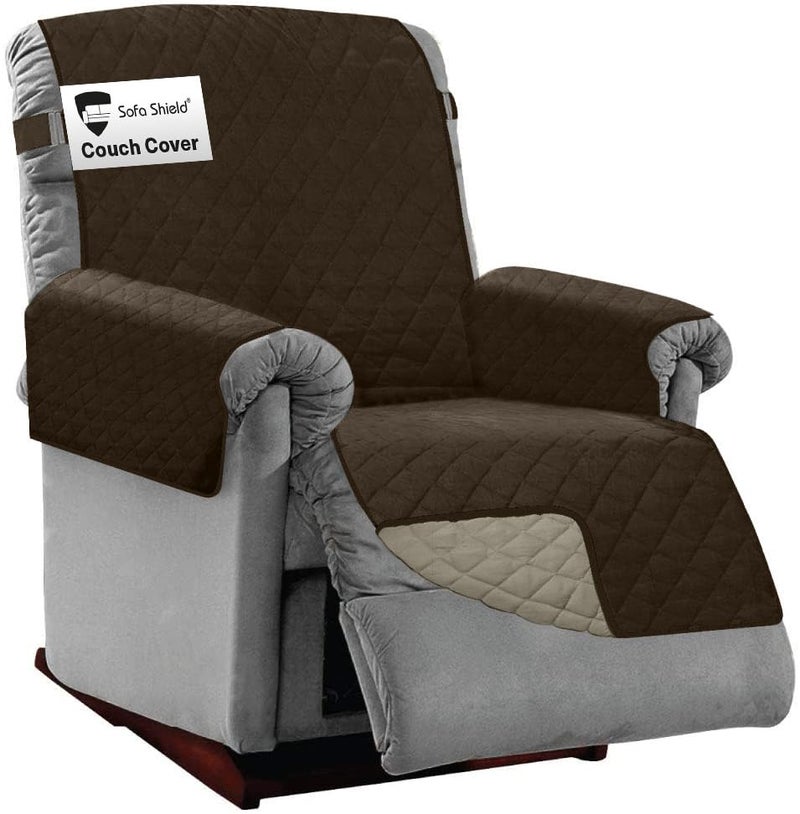 Sofa Shield Recliner Slip Cover with Patented Strap, Cushion Protector, US Designed Reversible Stain and Dog Tear Resistant Slipcover, 28 inch Seat, Washable Covers for Dogs Pets, Chocolate Beige - Image 1